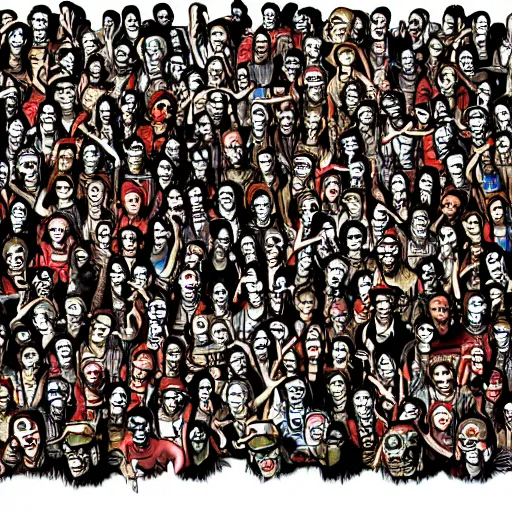 Prompt: where's waldo but it's zombies