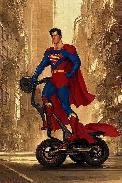 Prompt: superman riding a hover tricycle, cyberpunk, intricate, elegant, highly detailed, digital painting, artstation, concept art, smooth, sharp focus, illustration, art by artgerm and greg rutkowski and alphonse mucha