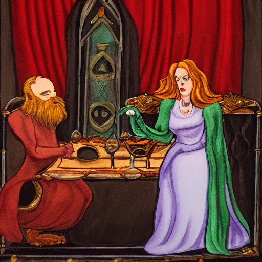 Prompt: Liz (sorceress), Tim (bearded alchemist) presiding over the Council of Shadows | fantasy painting