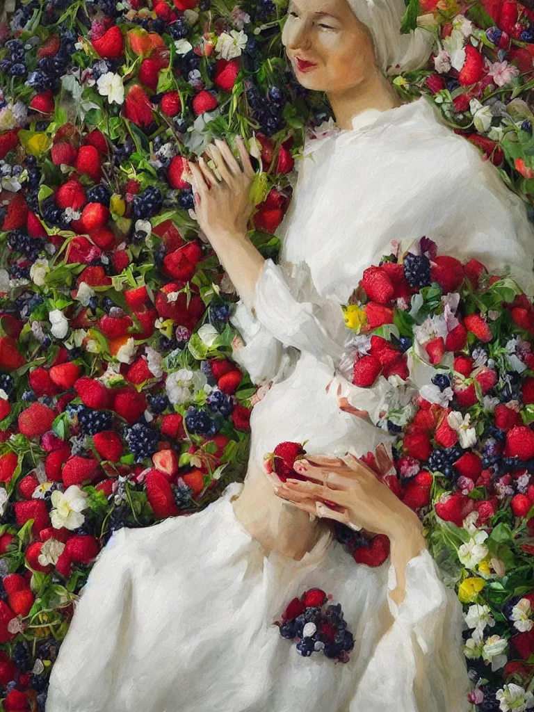 Prompt: “organic, portrait of a woman wearing white silk, neoexpressionist, eating luscious fresh raspberries and strawberries and blueberries, edible flowers”