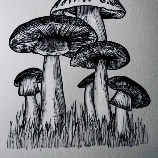 Image similar to mushroom outline, detailed sketch, black ink on white paper