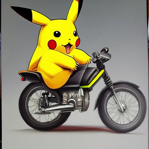 Image similar to pikachu riding motorcycle, nestor canavarro hyperrealist art style, sharp brushstrokes