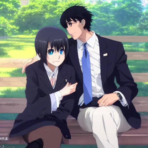 Image similar to photorealistic Joe Biden meets a beautiful smiling anime girl with black hair and hime cut sitting under a tree, anime key visual, digital art, anime screenshot, kyoto animation, makoto shinkai, trending on artstation