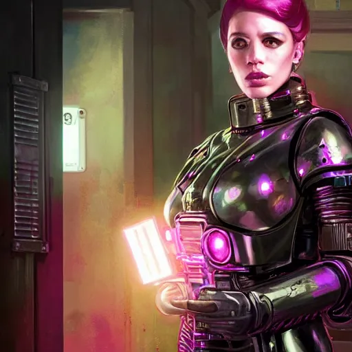 Image similar to highly detailed upper body portrait christina hendricks wearing shiny metallic pink plastic armor cyberpunk in gta v, stephen bliss, unreal engine, fantasy art by greg rutkowski, loish, rhads, ferdinand knab, makoto shinkai and lois van baarle, ilya kuvshinov, rossdraws, tom bagshaw, global illumination, radiant light, detailed and intricate environment