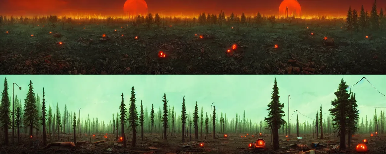 Prompt: a panoramic matte painting, on the left a towering abandoned nuclear plant, in the center a glowing neon orange pool puddle of radioactive sludge, on the right a forest of dead trees and black tree trunks, digital concept art by Simon Stalenhag, Beeple, Jeffrey Smith, Unreal Engine, 8k HDR