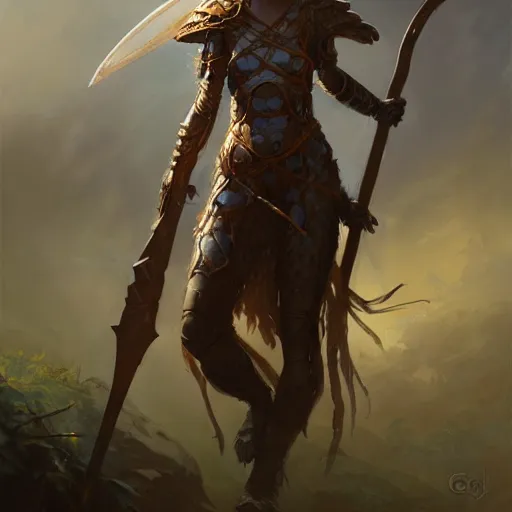 Prompt: a girl in insect - armor, holds a spear, by greg rutkowski, magic the gathering, highly detailed, 4 k