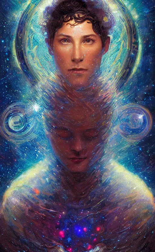 Image similar to portrait of a cosmic god, body made out of stars and galaxies and cosmic energy, intricate, headshot, highly detailed, digital painting, artstation, concept art, sharp focus, cinematic lighting, illustration, art by artgerm and greg rutkowski, alphonse mucha, cgsociety