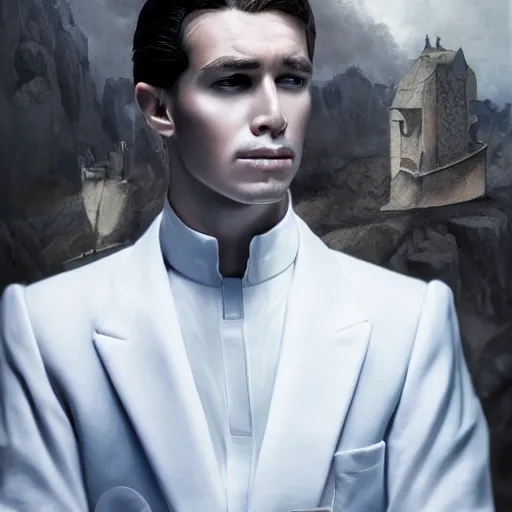Prompt: portrait of a regal prince with sharp cheekbones, white clothes, high collar, close up, wistful melancholic hopeful expression. he is surrounded by angry people. super details, modern digital art, matte painting, science fiction
