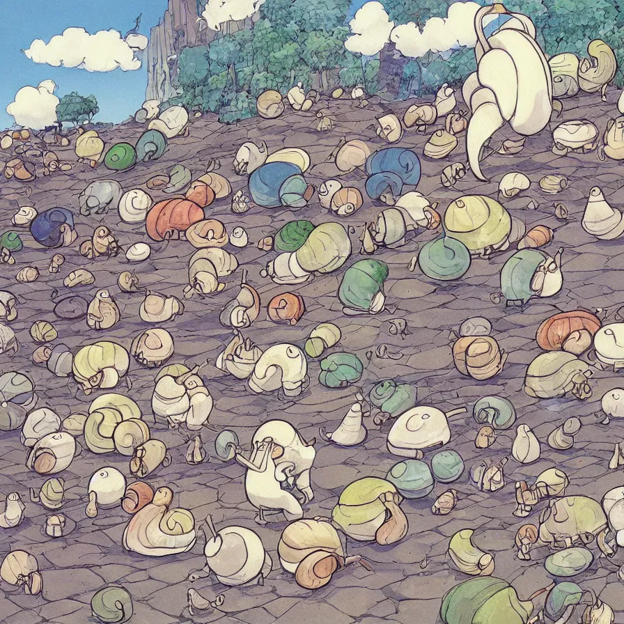 Prompt: A perfectly drawn snail is walking on the ground, art by Hayao Miyazaki, whimsical, anime, children's illustration