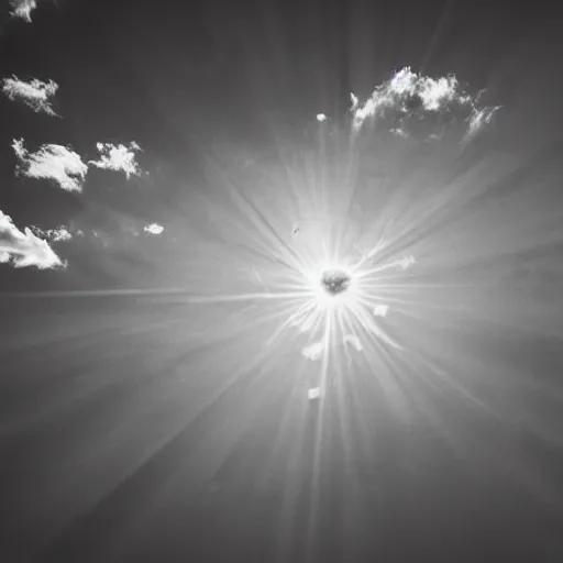 Image similar to a photo of the sky, there are puffy clouds and prismatic cracks crisscrossing the sky