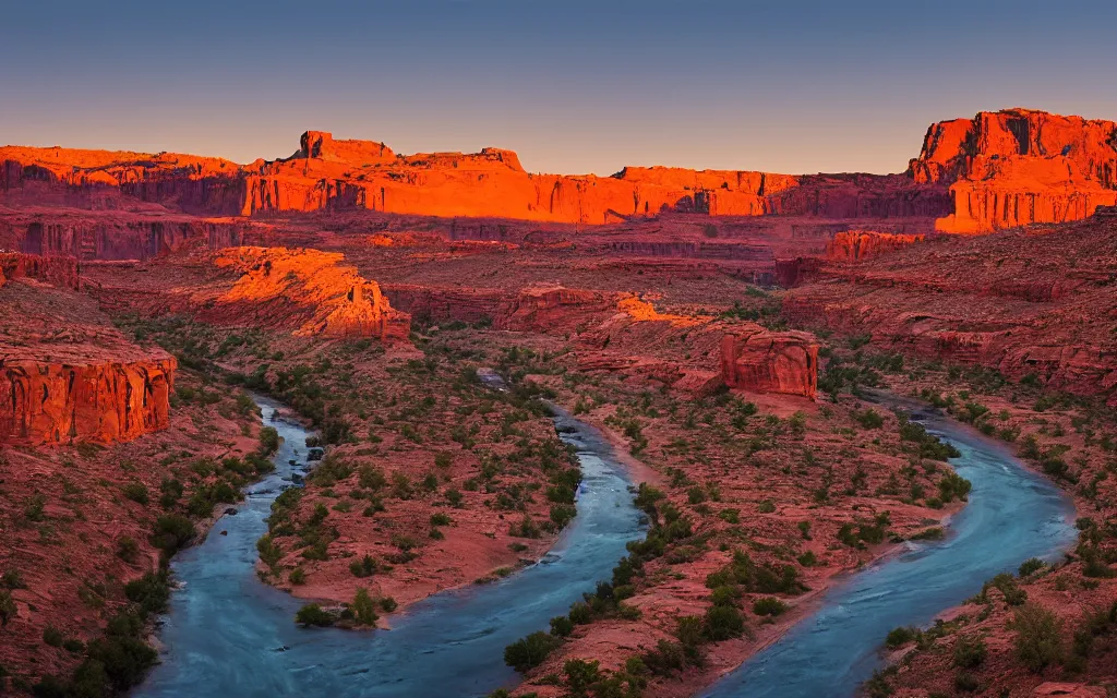 Image similar to “a river bend running through a canyon surrounded by desert mountains at sunset, moab, utah, a tilt shift photo by Frederic Church, trending on unsplash, hudson river school, photo taken with provia, national geographic photo”