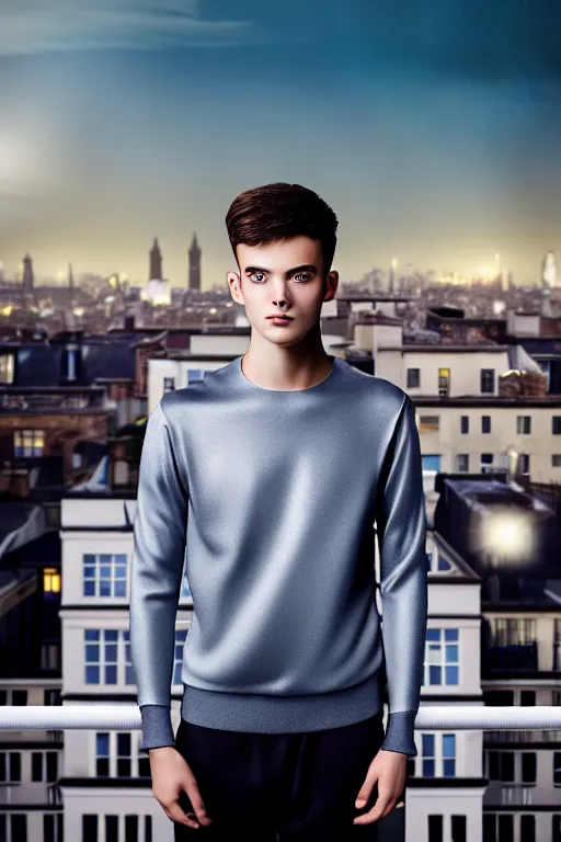 Image similar to un ultra high definition studio quality photographic art portrait of a young man standing on the rooftop of a british apartment building wearing soft padded silver pearlescent clothing. three point light. extremely detailed. golden ratio, ray tracing, volumetric light, shallow depth of field. set dressed.