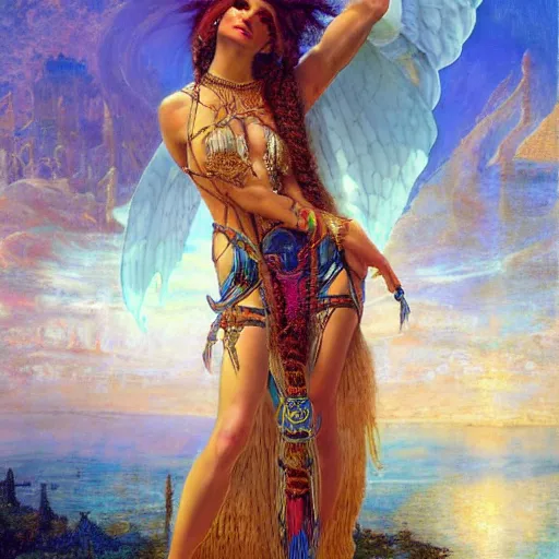 Image similar to artstation, intricate details, hyper details, by gaston bussiere and sandro botticelli, tan skin sumerian goddess inanna, lady of elche, egyptian sumerian features, techno mystic dominatrix goddess intergalactica, inanna with aqua neon rapunzel dreadlocks,