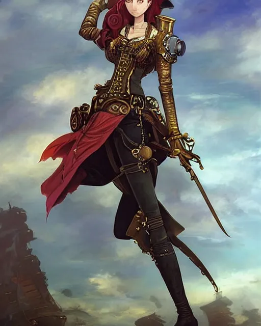 Image similar to a beautiful half body 2D illustration of a young female steampunk pirate wearing leather armor on gold and red trimmings on green, by Charlie Bowater, tom bagshaw, Artgerm and Lois Van Baarle, very cool pose, pirate ship with an epic sky background, slightly smiling, cinematic anime lighting and composition, fantasy painting, very detailed, ornate, trending on artstation and pinterest, deviantart, google images