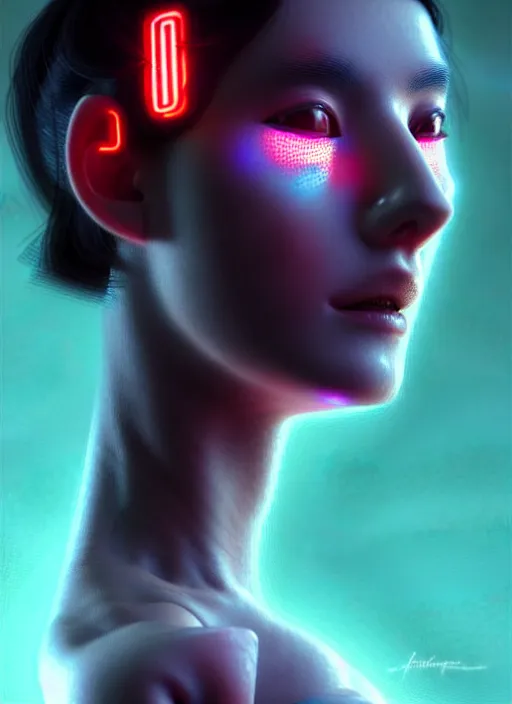 Prompt: photorealistic an oriental female humanoid with freckle cheeks, cyber neon lightings, futurism, cyberpunk high fashion, elegant profile pose, intricate details, crispy quality, digital photography, trending in artstation, trending in pinterest, no watermark signature, cinematic, 4 k ultra hd, art by artgerm, art by greg rutkowski, art by pascal blanche