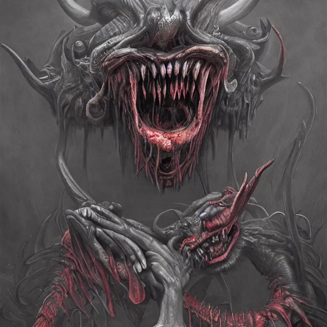 Image similar to concept art of a demonic devil with mismatched animal features with her bloody toothy mouth open wide reavealing past victeams in the style of zdzisław beksinski in the style of h. r. giger trending on artstation deviantart pinterest furaffinity detailed realistic hd 8 k high resolution