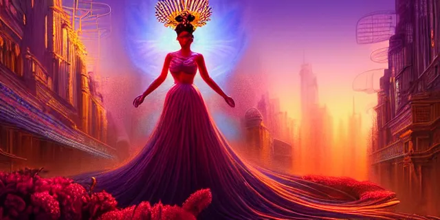 Prompt: Beautiful 3d render of the flower queen goddess in a sensual pose, atmospheric lighting, painted, intricate, volumetric lighting, beautiful, rich deep colours masterpiece, golden hour, sharp focus, ultra detailed, in the style of Dan Mumford and marc simonetti, with a crowded futuristic cyberpunk city in the background, astrophotgraphy