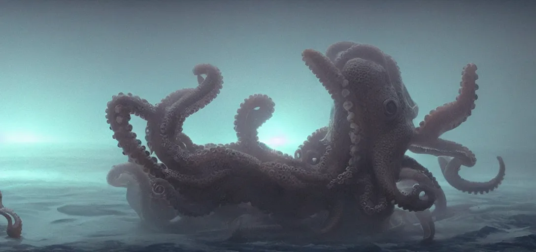 Image similar to a robotic octopus consuming jupiter, foggy, cinematic shot, photo still from movie by denis villeneuve, wayne barlowe