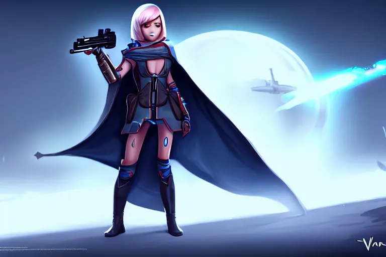 Image similar to girl in futuristic cape, gun in hand, character concept art, valorant game style, digital art, many details, super realistic, high quality, 8 k