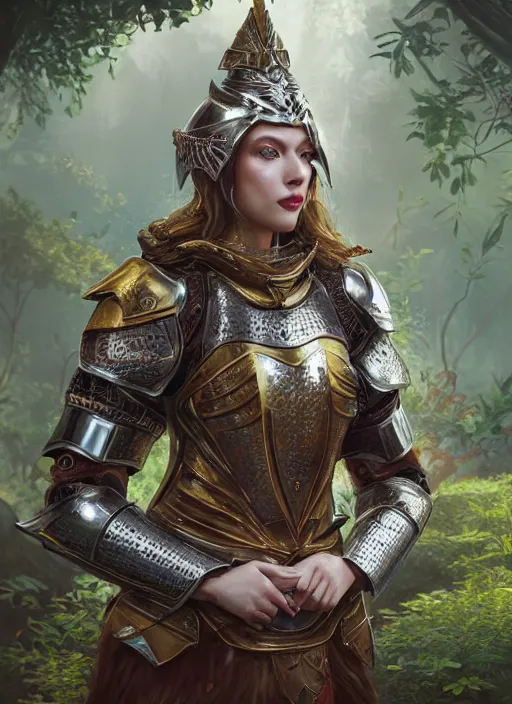 Image similar to Beautiful art portrait of a female fantasy queen in plate armour in a bright temple surrounded by lush forest, atmospheric lighting, intricate detail, cgsociety, hyperrealistic, octane render, RPG portrait, ambient light, dynamic lighting