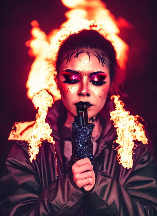 Image similar to Cinestill 50d photograph of a city on fire, a techwear mixed woman wearing thick mascara and dark glitter makeup crying outside of a city on fire, tattoos, tilted frame, 4k, 8k, hd, full color