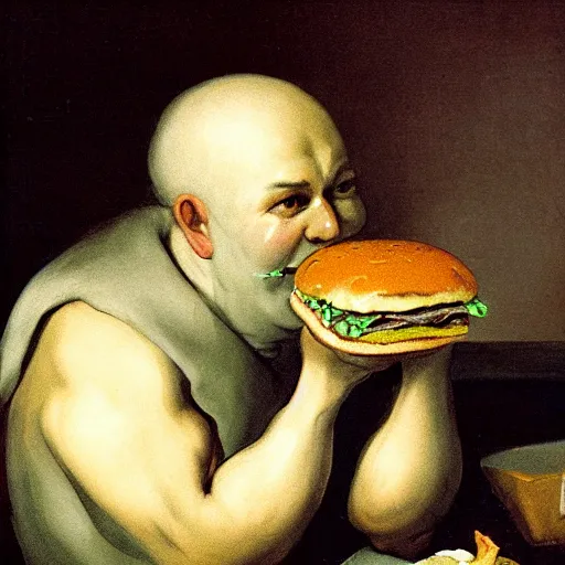 Prompt: burger king eating a burger by francisco goya