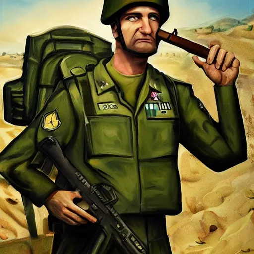 Image similar to realistic painting of spongebob as a soldier in the israeli defense force, wearing a green idf uniform, smoking a cigarette, standing in the desert, highly detailed, photorealistic, intricate, digital art, trending on artstation