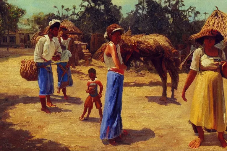 Image similar to Casimiroid native binding tools, genre painting (everyday life by portraying ordinary people), morning light, Archaic cuba, artstation, oil on canvas, by Albert Aublet, Private Collection