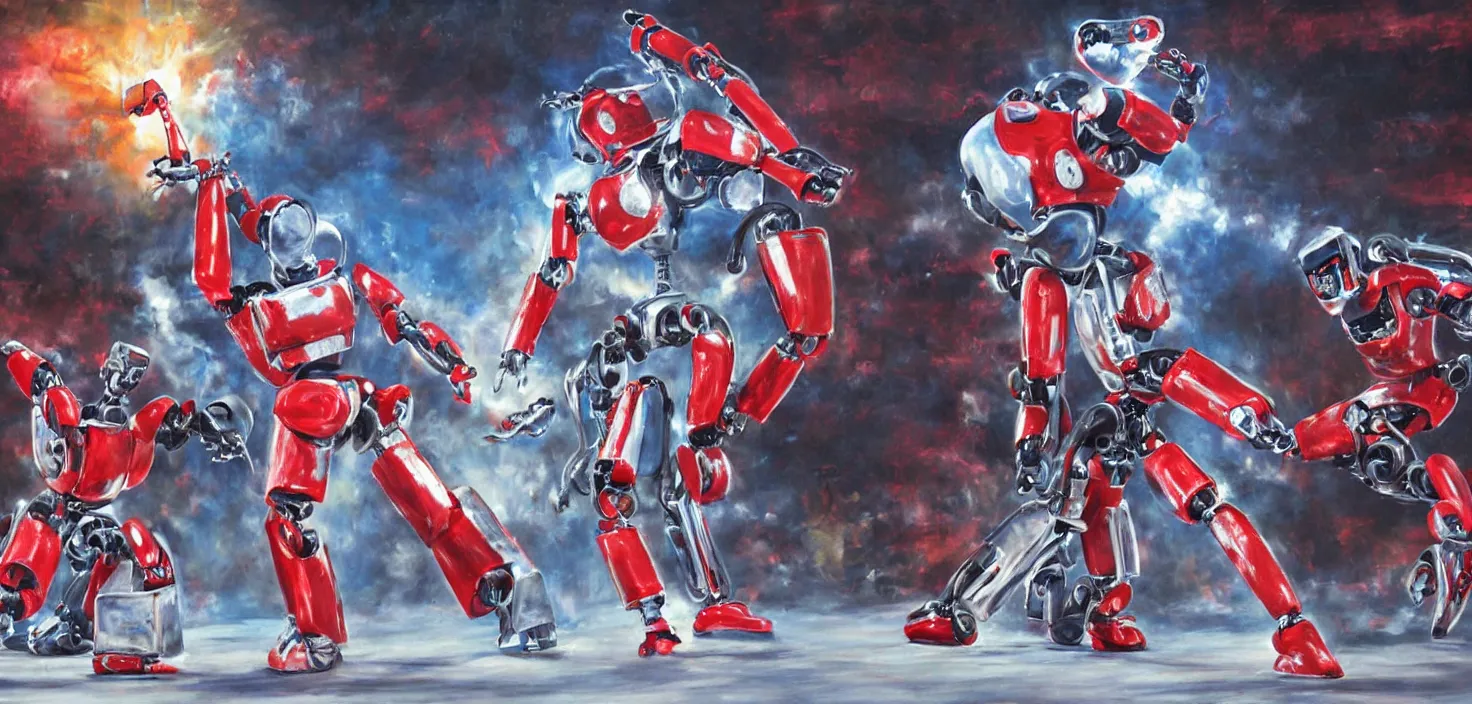 Prompt: Photorealistic painting of two robots in a wwe match