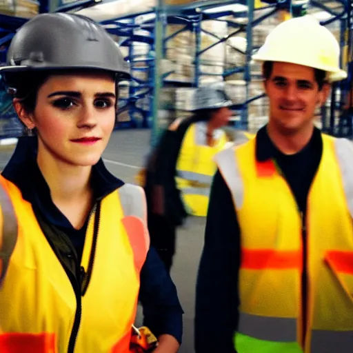 Prompt: photo, close up, emma watson in a hi vis vest, in warehouse, 2 0 0 8 android cameraphone, instagram photo, 2 6 mm,