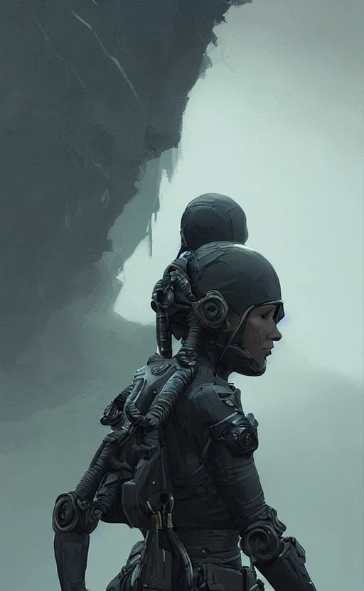 Image similar to death stranding landscape, anatomically correct human female figure wearing tactical gear in field facing forward, cinematic lighting, dark shadows, hyper detailed, digital painting by greg rutkowski and simon stalenhag, artstation, cgsociety, intricate, concept art