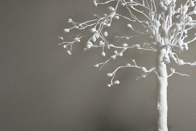 Image similar to studio photo of marshmallow tree, photorealistic, 50mm