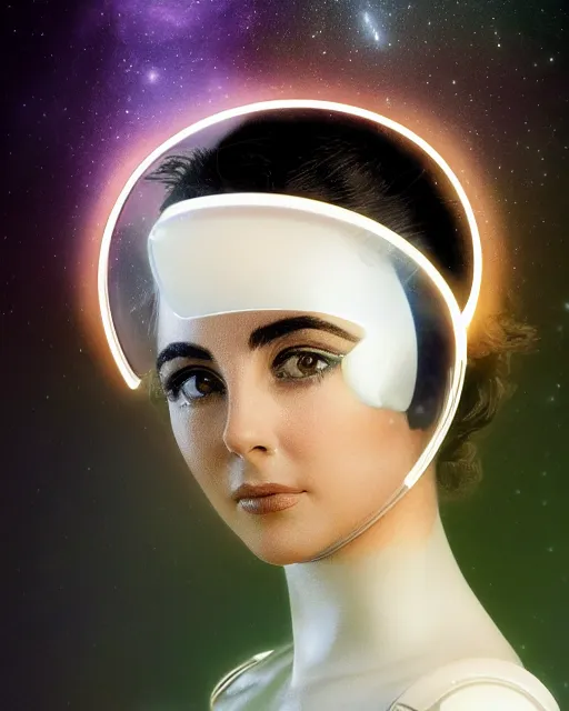 Prompt: centered portrait of soulful young elizabeth taylor as a solarpunk mecha humanoid robotic parts wearing crystal visor with bright led lights, real human face, pudica gesture bouguereau style, in white room, ultra - realistic and intricate, soft portrait shot 8 k