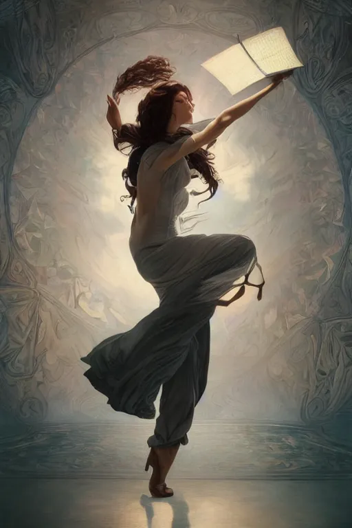 Image similar to portrait painting of woman in business suit dancing, ultra realistic, concept art, full body, intricate details, highly detailed, photorealistic, octane render, 8 k, unreal engine. art by artgerm and greg rutkowski and charlie bowater and magali villeneuve and alphonse mucha