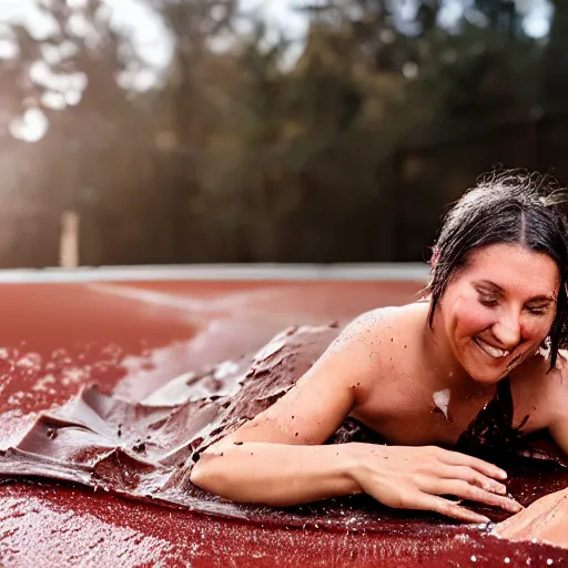 Prompt: adult sliding down chocolate pudding slip n slide head first, professional photo taken at the park