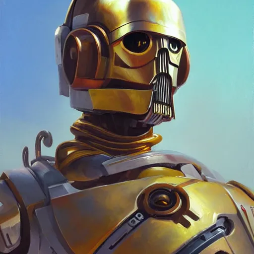 Image similar to greg manchess portrait painting of c 3 po as overwatch character, medium shot, asymmetrical, profile picture, organic painting, sunny day, matte painting, bold shapes, hard edges, street art, trending on artstation, by huang guangjian and gil elvgren and sachin teng