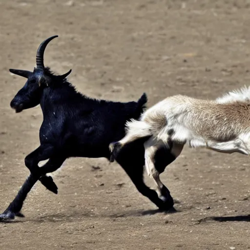 Prompt: drake running from a goat, detailed face, sharp focus