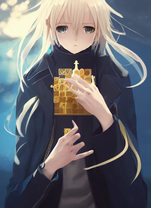 Image similar to rimuru playing chess, with golden eyes, straight sky blue hair, long bangs, black jacket, high collar, concept art, award winning photography, digital painting, cinematic, by wlop, anime key visual, wlop, 8 k, by ross tran, chengwei pan, paul kwon,