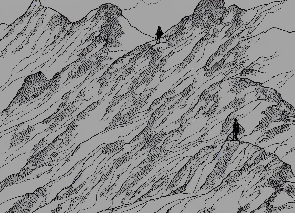 Image similar to backpacker standing on ridgeline in utah, minimalist line art by moebius, clean long lines, ultra detailed