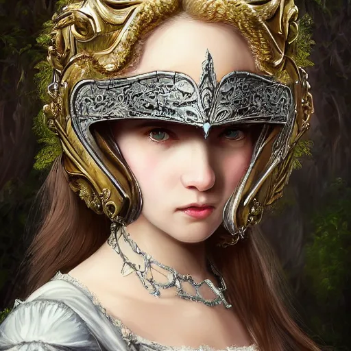 Image similar to A masterpiece ultrarealistic ultradetailed portrait of a Incredibly beautiful angel princess with Royal Tevton Knight Skull Full Iron Helmet mask. baroque renaissance girl in the night forest. medium shot, intricate, elegant, highly detailed. trending on artstation, digital art, by Stanley Artgerm Lau, WLOP, Rossdraws, James Jean, Andrei Riabovitchev, Marc Simonetti, Yoshitaka Amano. background by James Jean and Gustav Klimt, light by Julie Bell, 4k, porcelain skin.