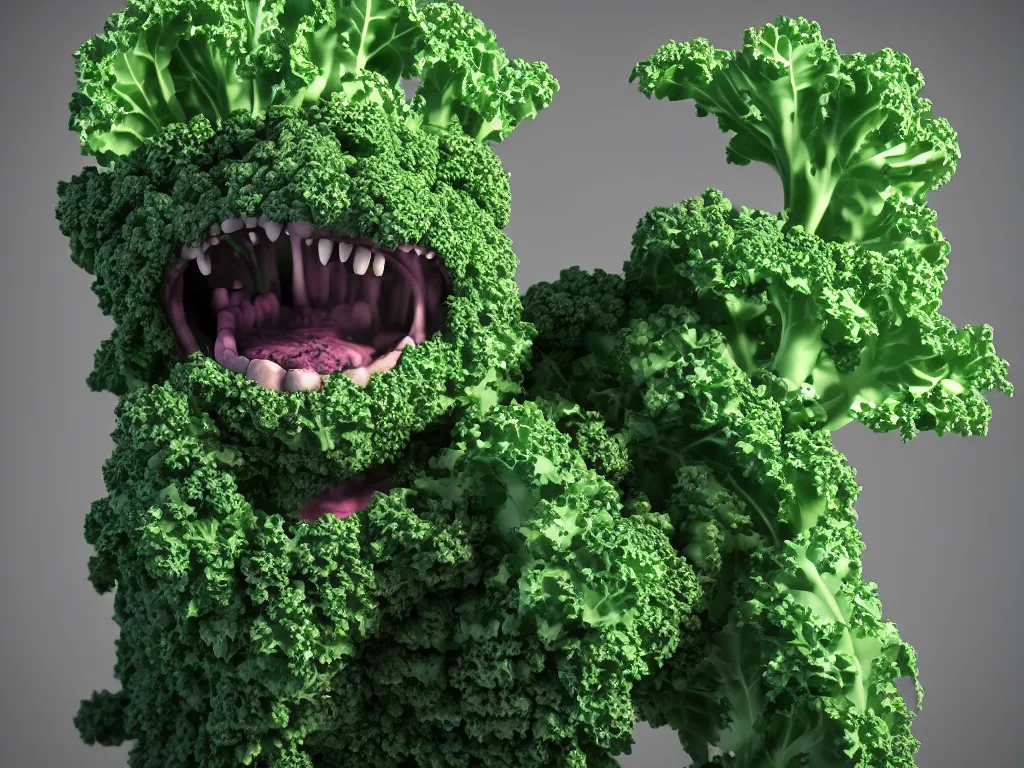 Image similar to highly detailed 3 d render of a raging mad angry kale character, hyper realistic octane render, cinematic lighting, deviantart, lowbrow, surrealism, pixar still