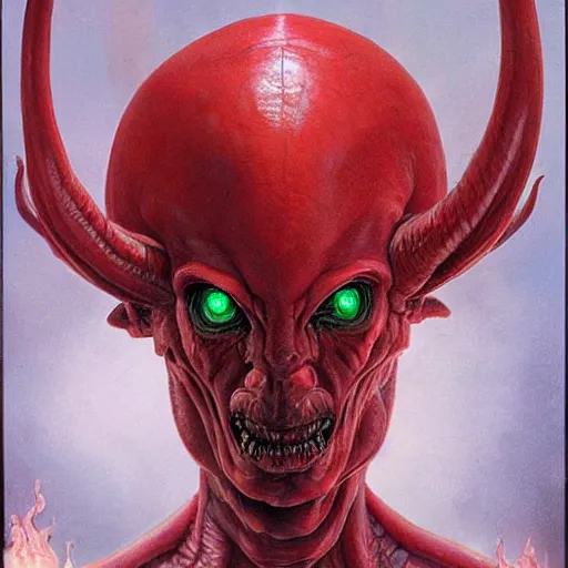 Prompt: realistic alien medium shot portrait with horns. red eyes, human eyes, background flames, by wayne barlowe