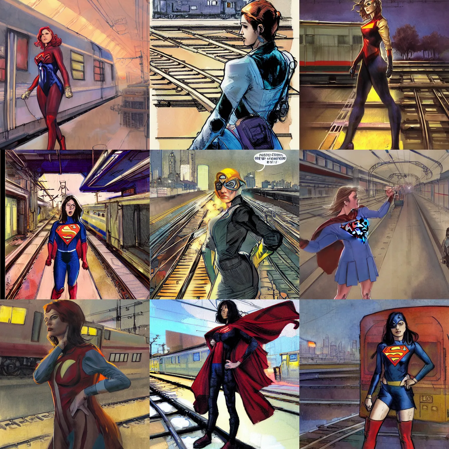 Prompt: a superheroine standing facing a moving train on tracks, a comic book panel by jon foster, featured on deviantart, ashcan school, marvel comics, official art, reimagined by industrial light and magic