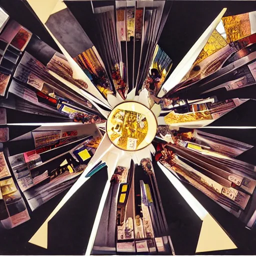 Image similar to funereal, sinister collage, digital art by moshe safdie. a beautiful kinetic sculpture of a group of people standing around a circular table. in the center of the table is a large, open book. the people in the kinetic sculpture are looking at the book with interest & appear to be discussing its contents.