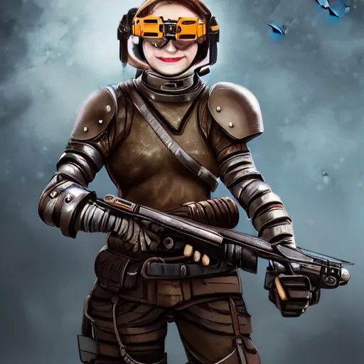 Prompt: female artificer with futuristic rifle, tubes connecting mediaeval half plate armor to rifle, brown hair, smiling, portrait, goggles over forehead, trending on artstation, digital art