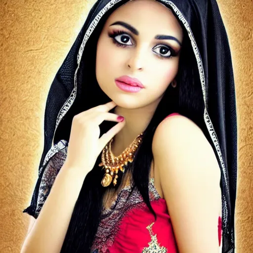 Prompt: arabic women portrait, long black hair, big eyes, beautifull as angel