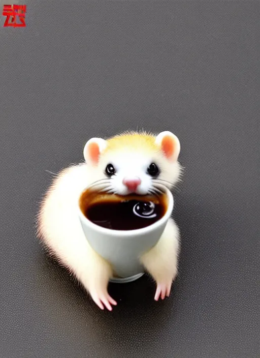 Image similar to 80mm resin detailed miniature of fluffy cute ferret drink coffee, Product Introduction Photos, 4K, Full body, simple background