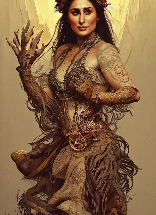 Prompt: beautiful kareena kapoor as baba yaga, fantasy, intricate, elegant, highly detailed, digital painting, artstation, concept art, matte, sharp focus, illustration, art by artgerm and greg rutkowski and alphonse mucha