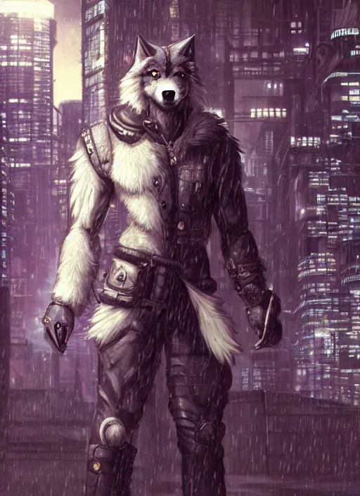 Image similar to character portrait of a muscular male anthro wolf fursona with a tail and a cute beautiful attractive detailed furry face wearing stylish cyberpunk clothes in a cyberpunk city at night while it rains. hidari, color page, tankoban, 4K, tone mapping, Akihiko Yoshida.