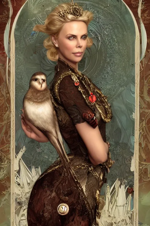 Image similar to charlize theron 3 d render of english princess holding birds, ornaments, mucha vibe, dieselpunk, solarpunk, artstation